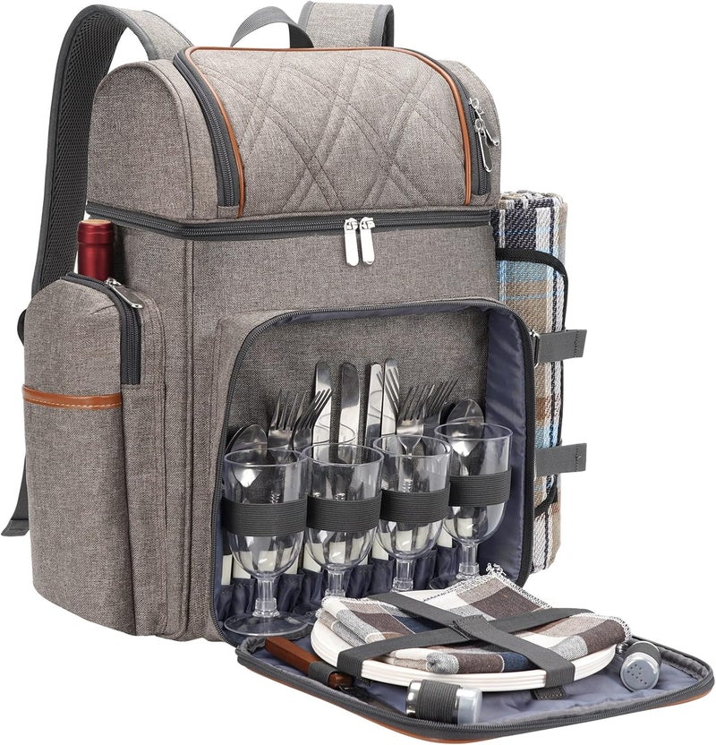 TwentyNext Picnic Backpack for 4, Picnic Basket Set, Leakproof Picnic Bag, Beach Cooler Backpack with Insulated Cooler Wine Pouch,Picnic Blanket, Double Deck Picnic Backpack for Beach,Camping,Park(BrushedKhaki) - Image 1